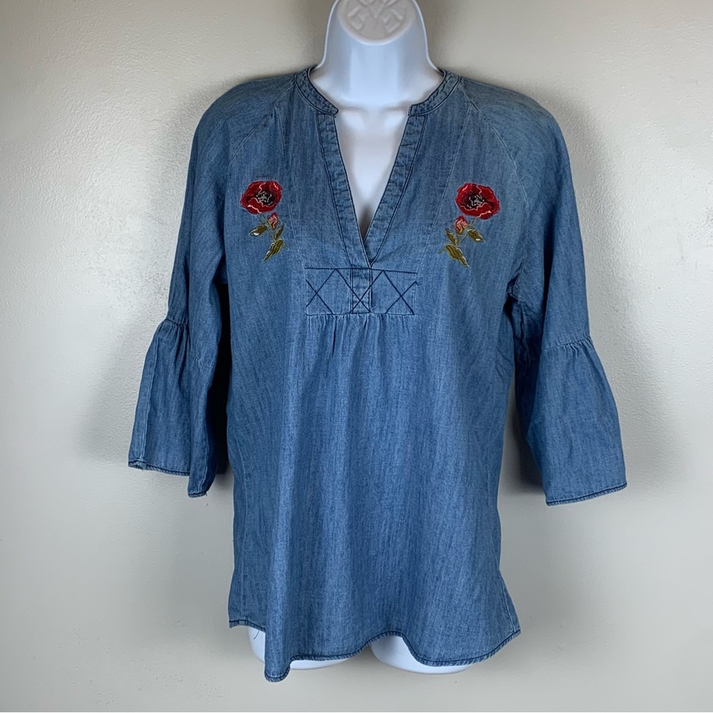 A La‎ tzarina Womens Embroidered Chambray Top Lightweight Size L Peasant Boho